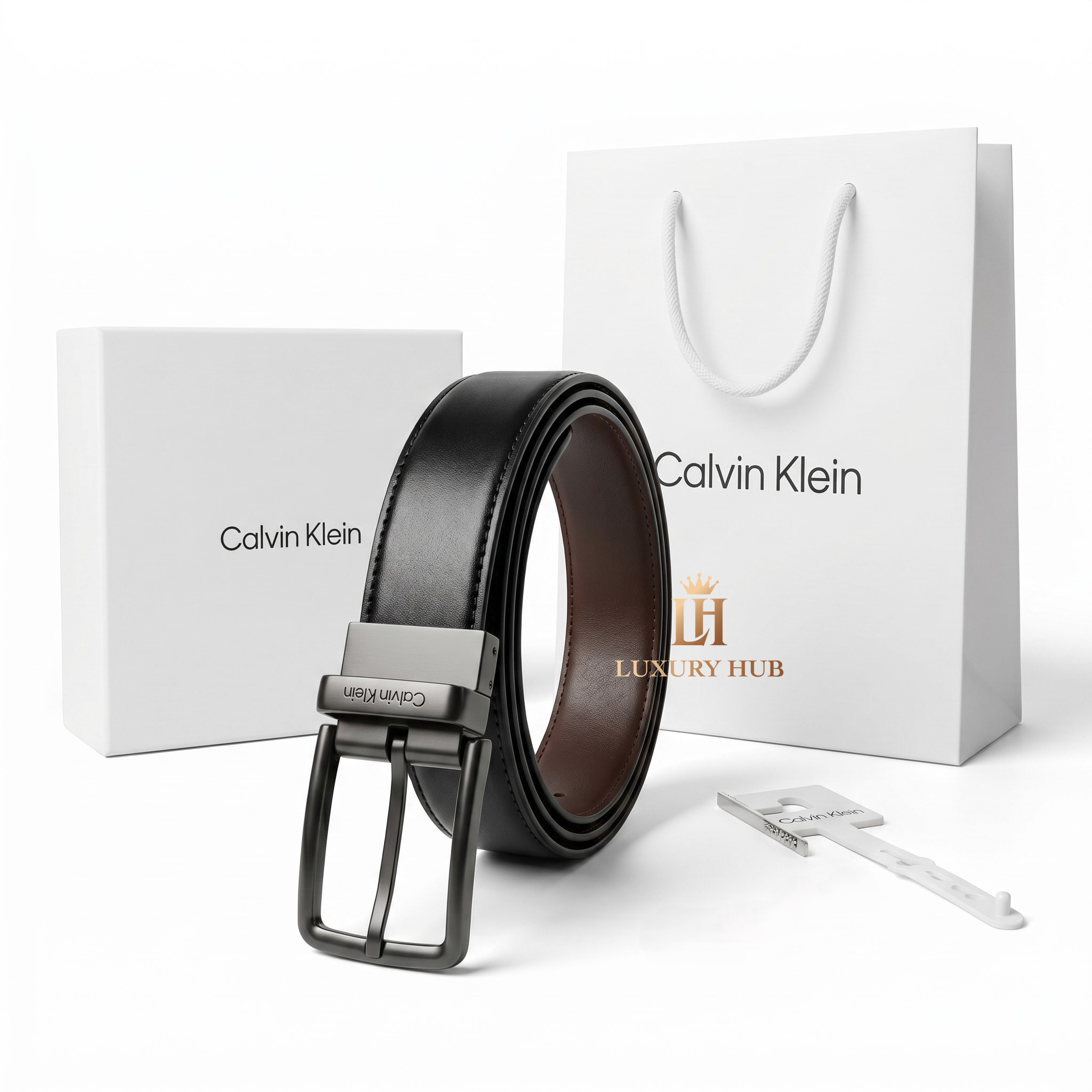 Premium Calvin Klein mirror original reversible belt set with classic matte black pin buckle, luxury white gift box, and branded shopping bag