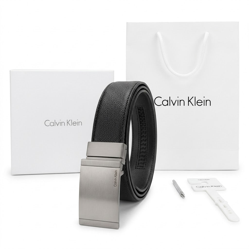 Premium Calvin Klein mirror original reversible belt set with matte black buckle, luxury white gift box, and branded shopping bag