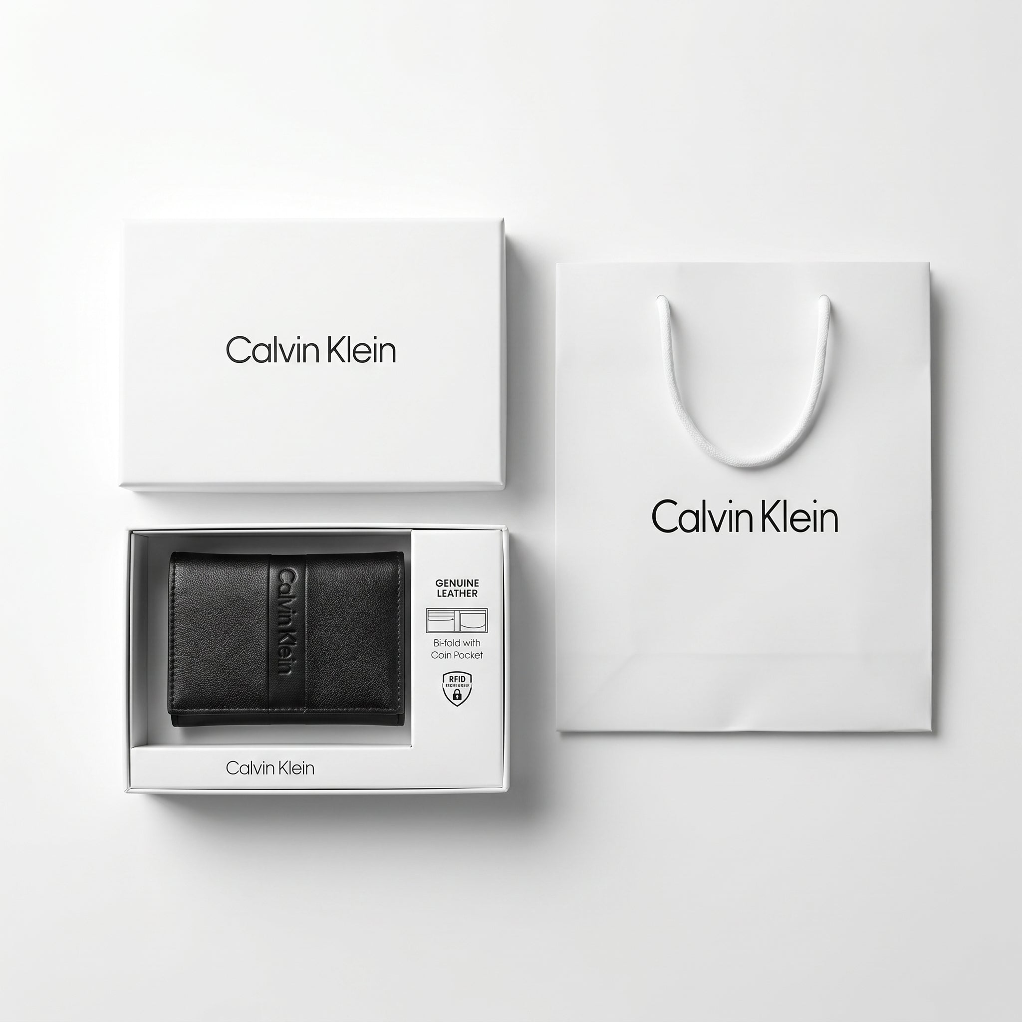 Premium Calvin Klein mirror original saffiano leather wallet set presented in its signature white gift box and shopping bag