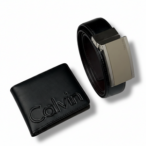 Close up front view of Calvin Klein textured leather wallet and reversible belt set