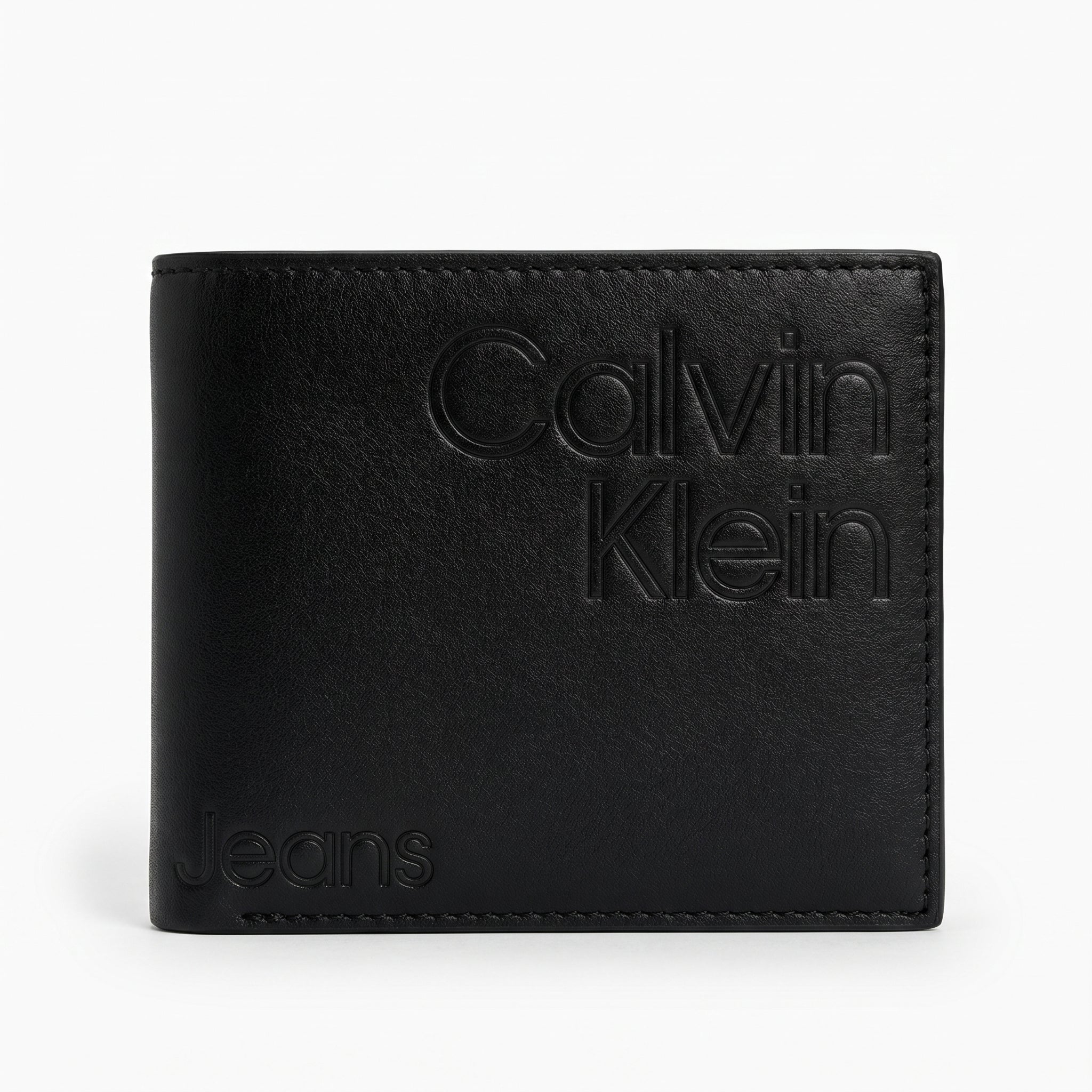 Straight back view product photography of the Calvin Klein Jeans mirror original smooth black leather wallet showing a minimalist clean stitched layout