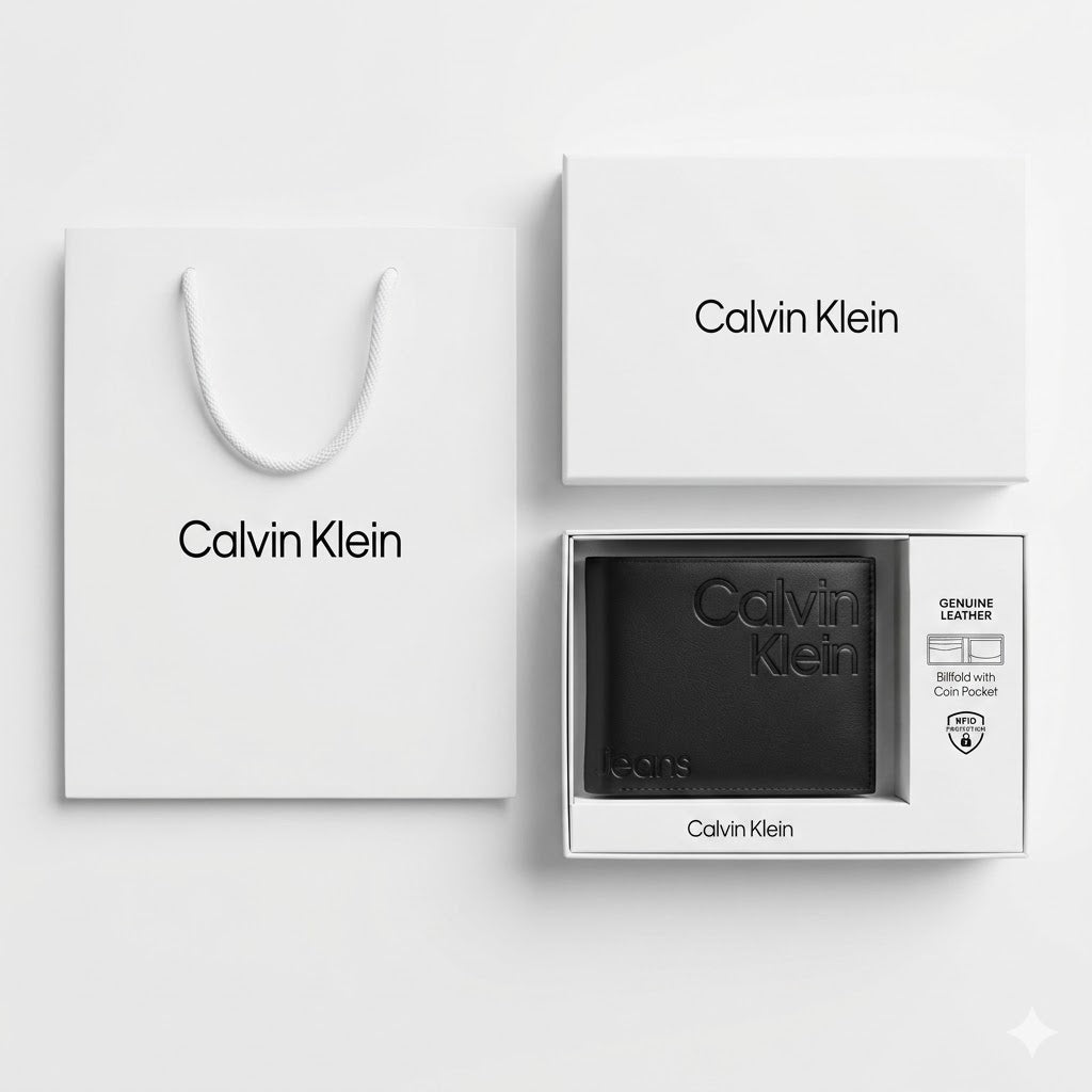 Full premium packaging presentation of the Calvin Klein Jeans mirror original smooth black leather bifold wallet with its white gift box and matching shopping bag