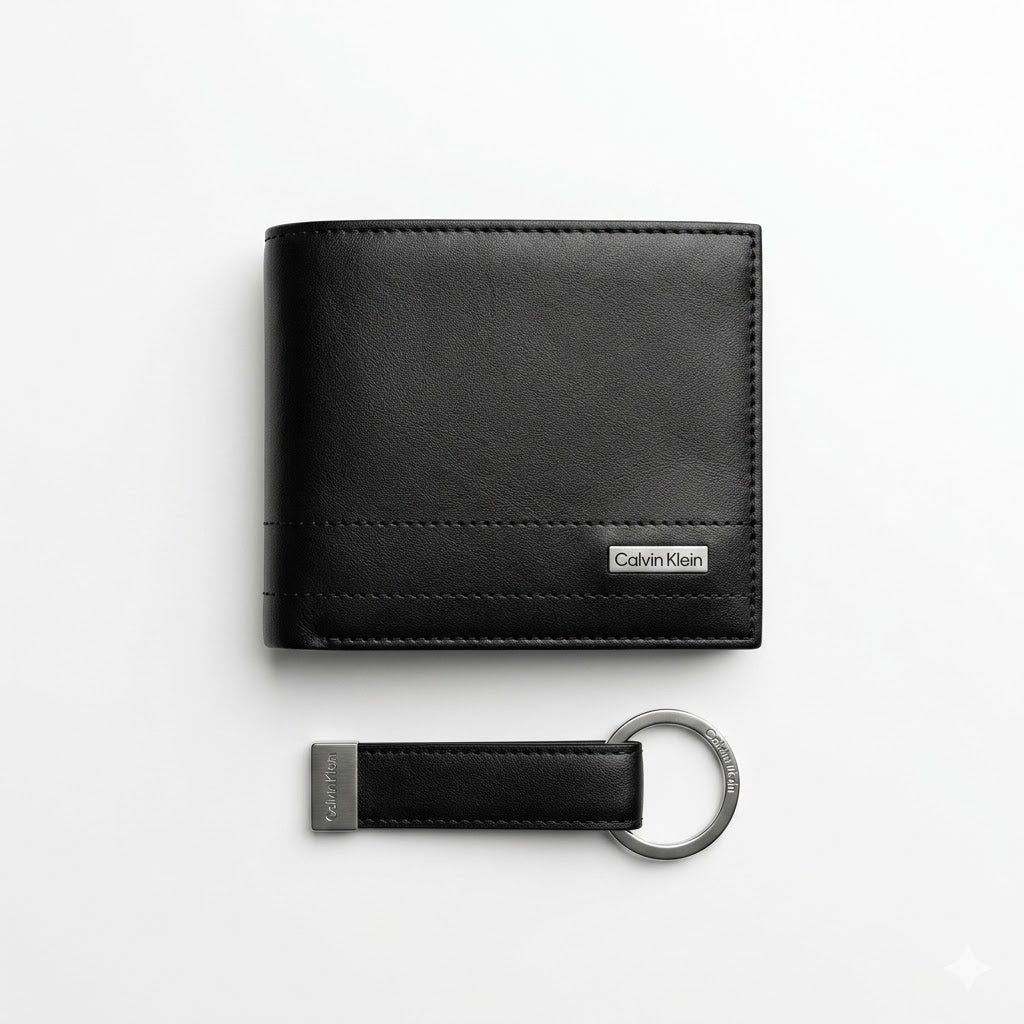 Studio product view of the Calvin Klein mirror original smooth black leather bifold wallet next to its matching standalone premium leather keychain