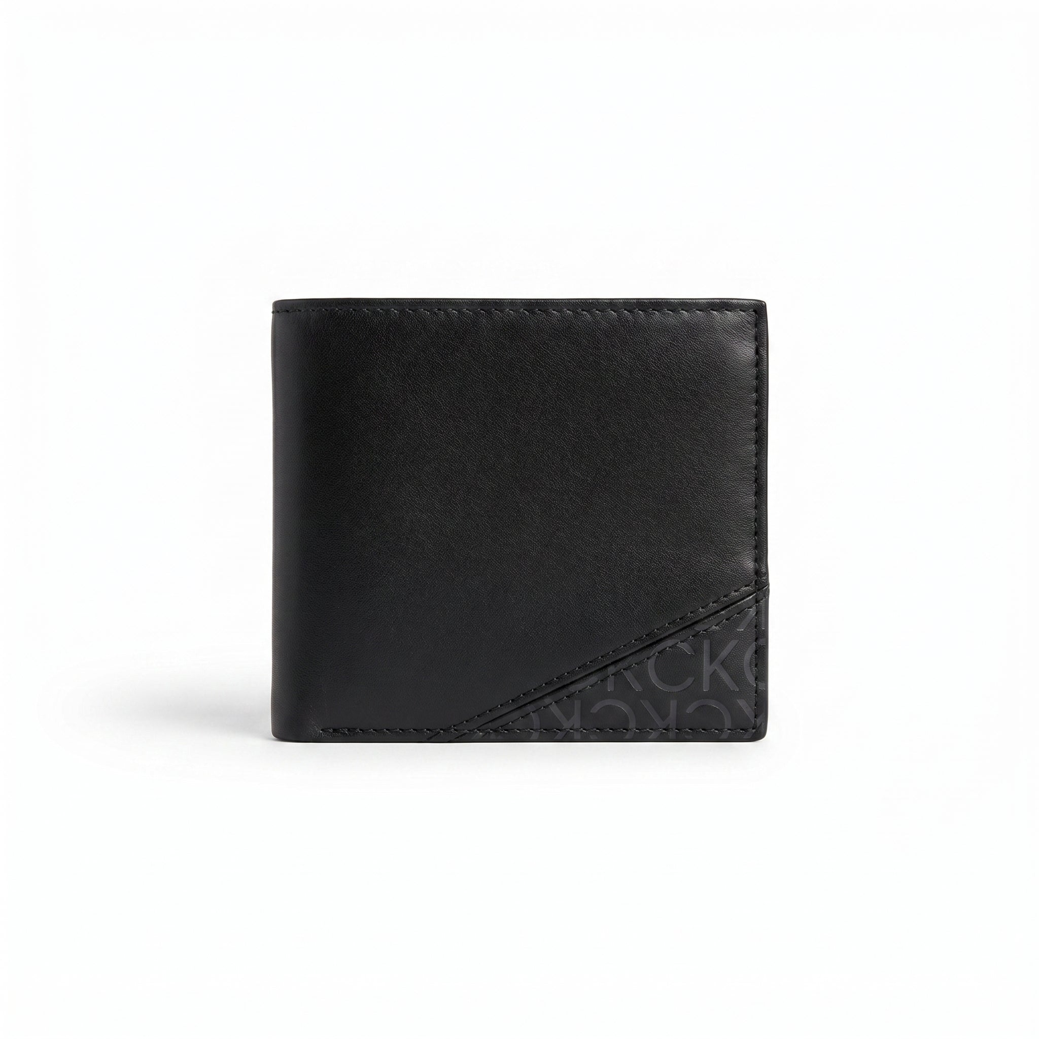 Straight studio layout view of the Calvin Klein mirror original black leather wallet back panel next to its standalone matching leather key ring