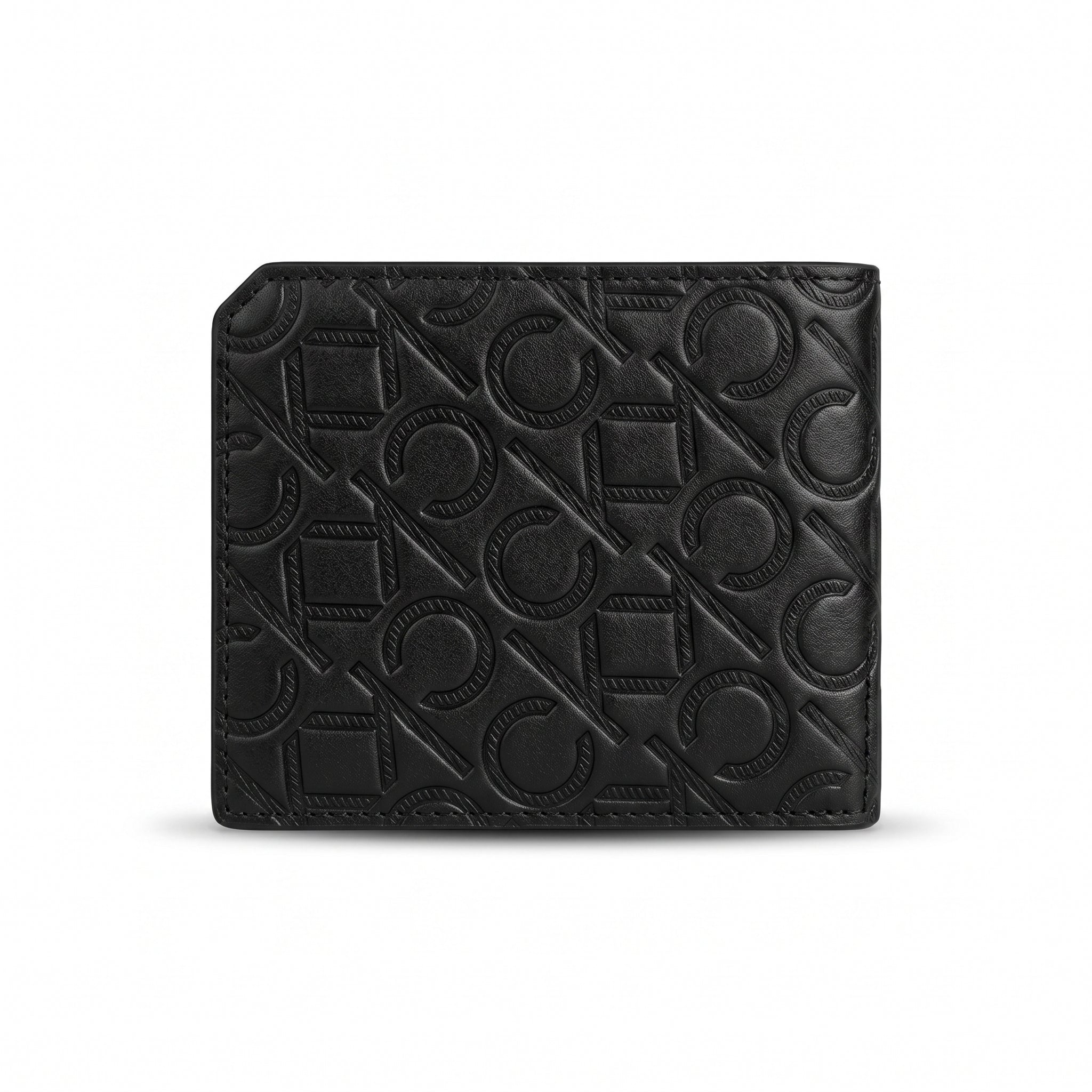 Straight back view product photography of the Calvin Klein mirror original smooth black leather wallet showing a minimalist clean stitched layout