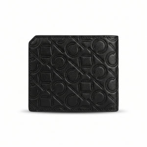 Straight back view product photography of the Calvin Klein mirror original smooth black leather wallet showing a minimalist clean stitched layout