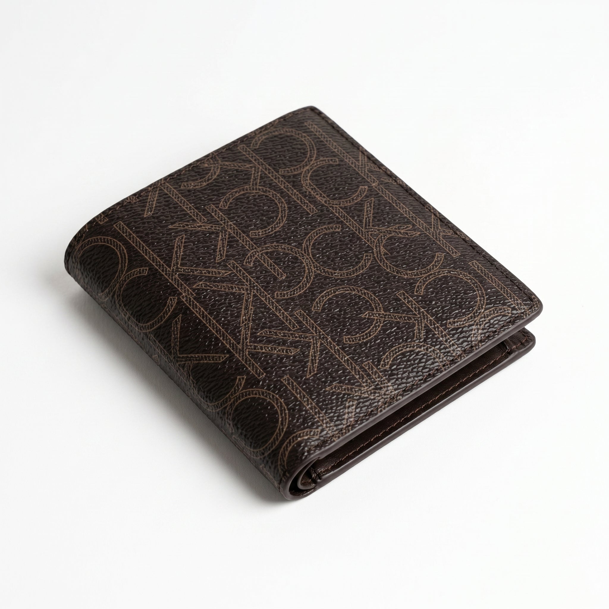 Straight back view product photography of the Calvin Klein mirror original smooth black leather wallet showing a minimalist clean stitched layout