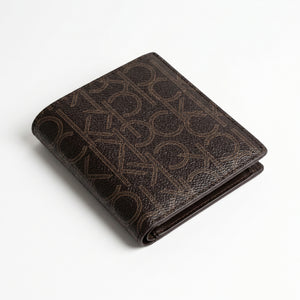 Straight back view product photography of the Calvin Klein mirror original smooth black leather wallet showing a minimalist clean stitched layout