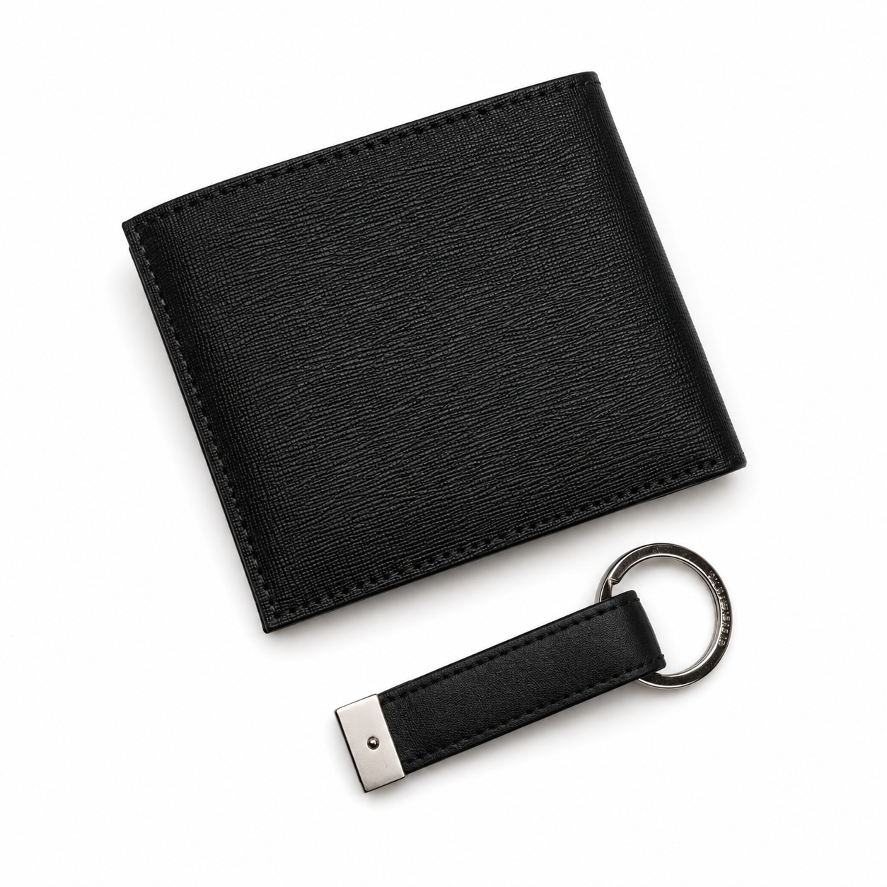Straight back view product photography of the Calvin Klein mirror original smooth black leather wallet showing a minimalist clean stitched layout