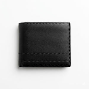 Straight back view product photography of the Calvin Klein mirror original smooth black leather wallet showing high-quality clean finish