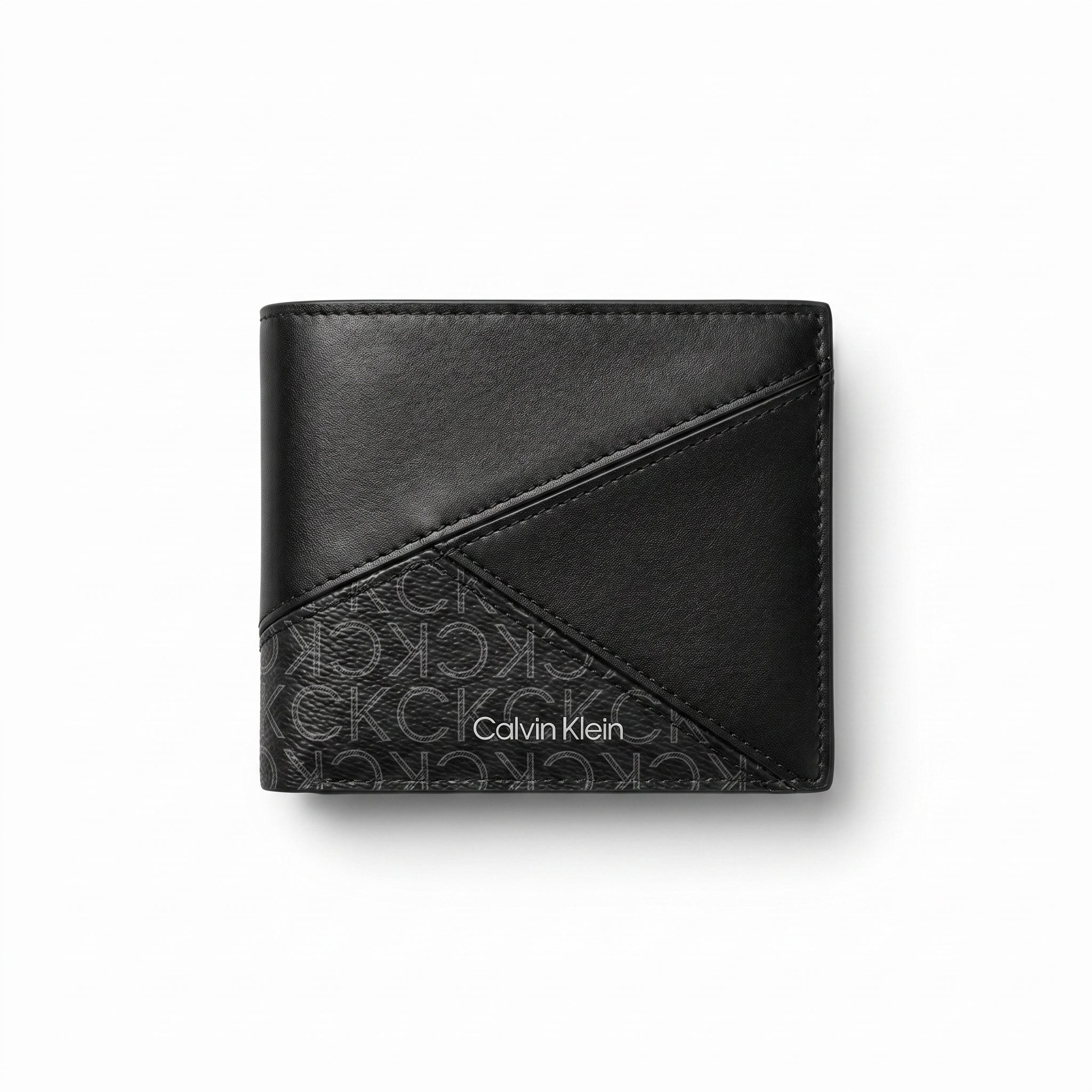 Straight studio layout view of the Calvin Klein mirror original black smooth leather wallet front panels alongside its matching standalone luxury keychain