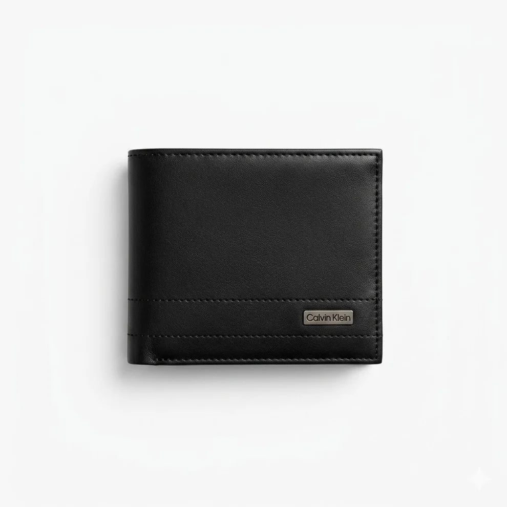 Black leather wallet with Calvin Klein logo on a white background