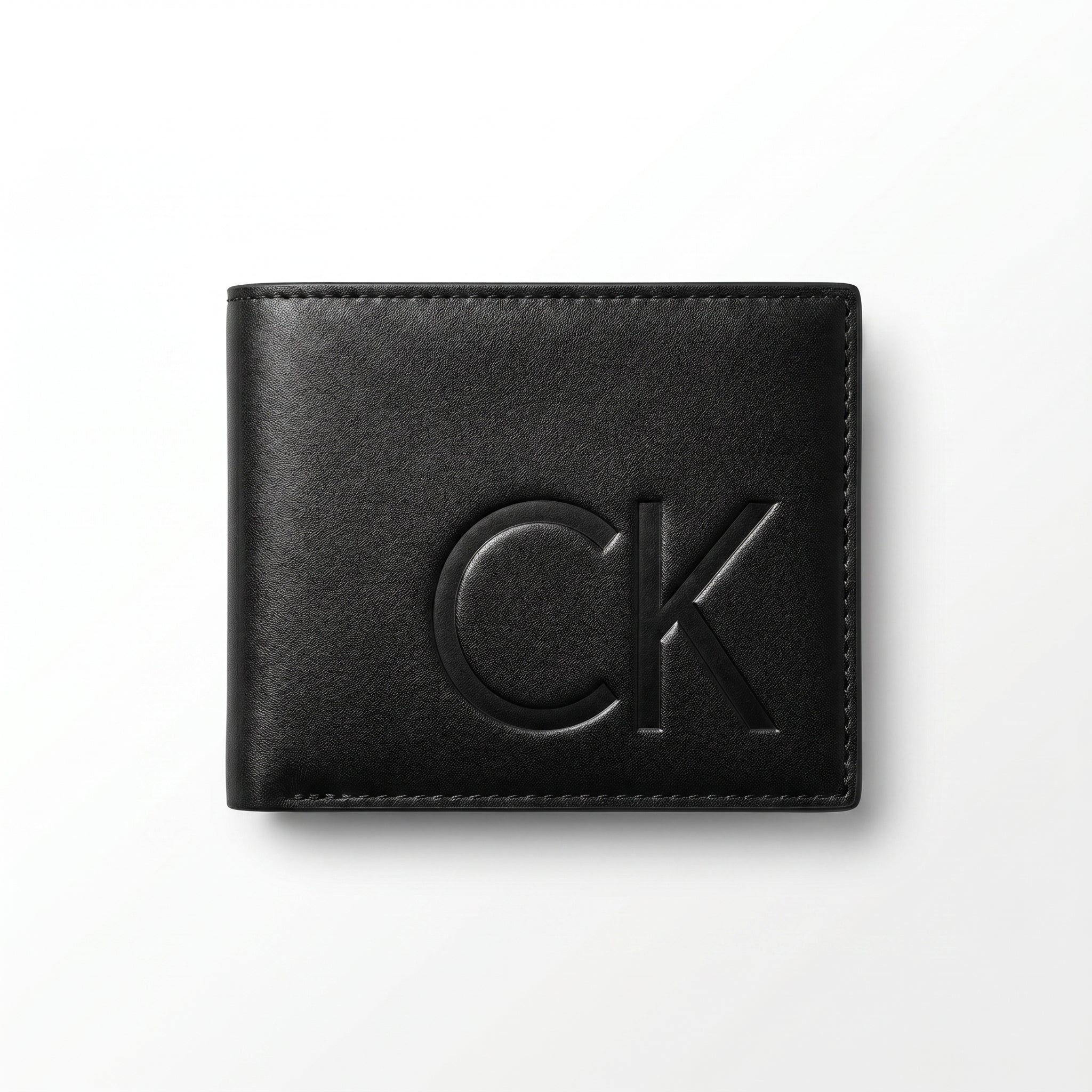 Straight front view product photograph of the Calvin Klein mirror original smooth black leather bifold wallet centered on white background