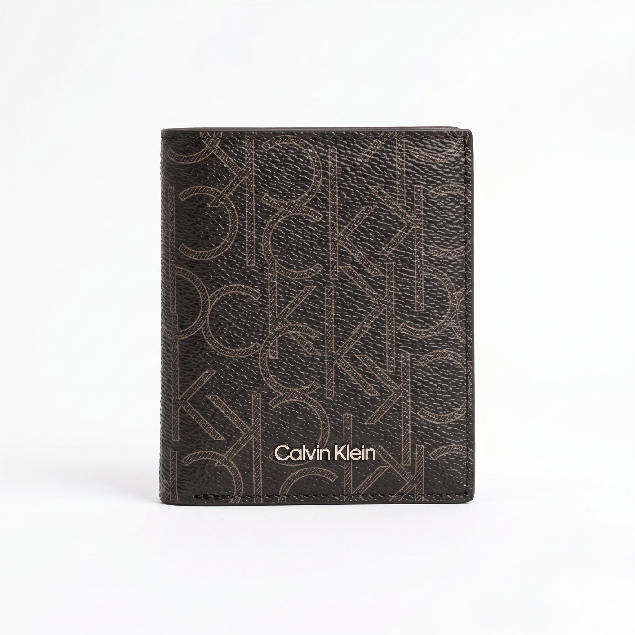Straight front view product photograph of the Calvin Klein mirror original smooth black leather bifold wallet showcasing the vertical stitched panel layout