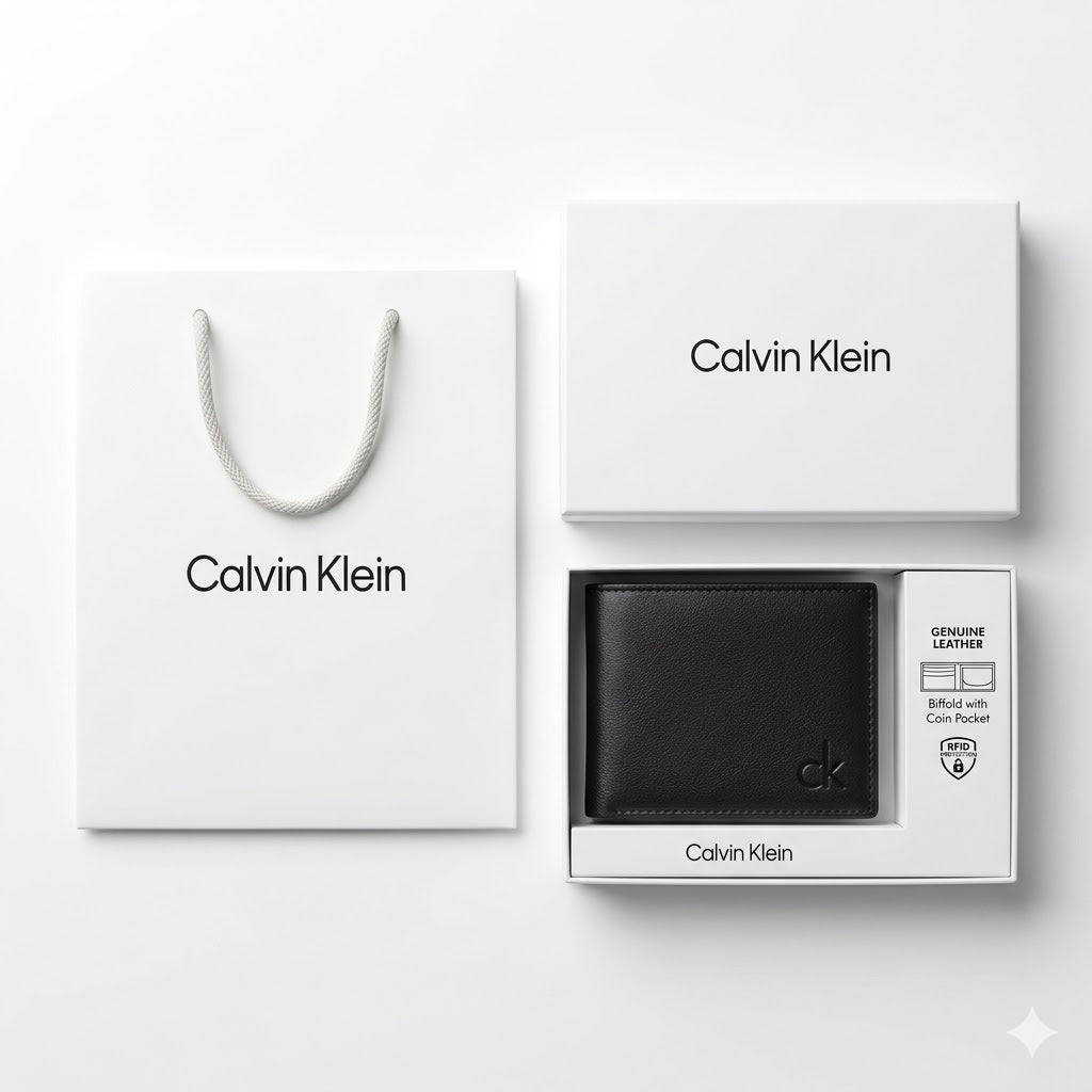 Full premium packaging presentation of the Calvin Klein mirror original smooth black leather bifold wallet alongside its white gift box and matching shopping bag