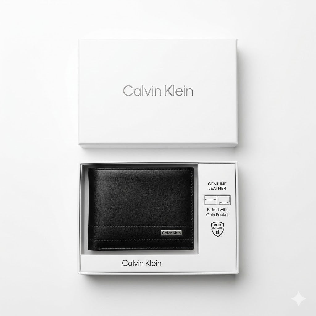 Top-down studio product photography of the Calvin Klein smooth black leather wallet resting inside its open premium white gift box
