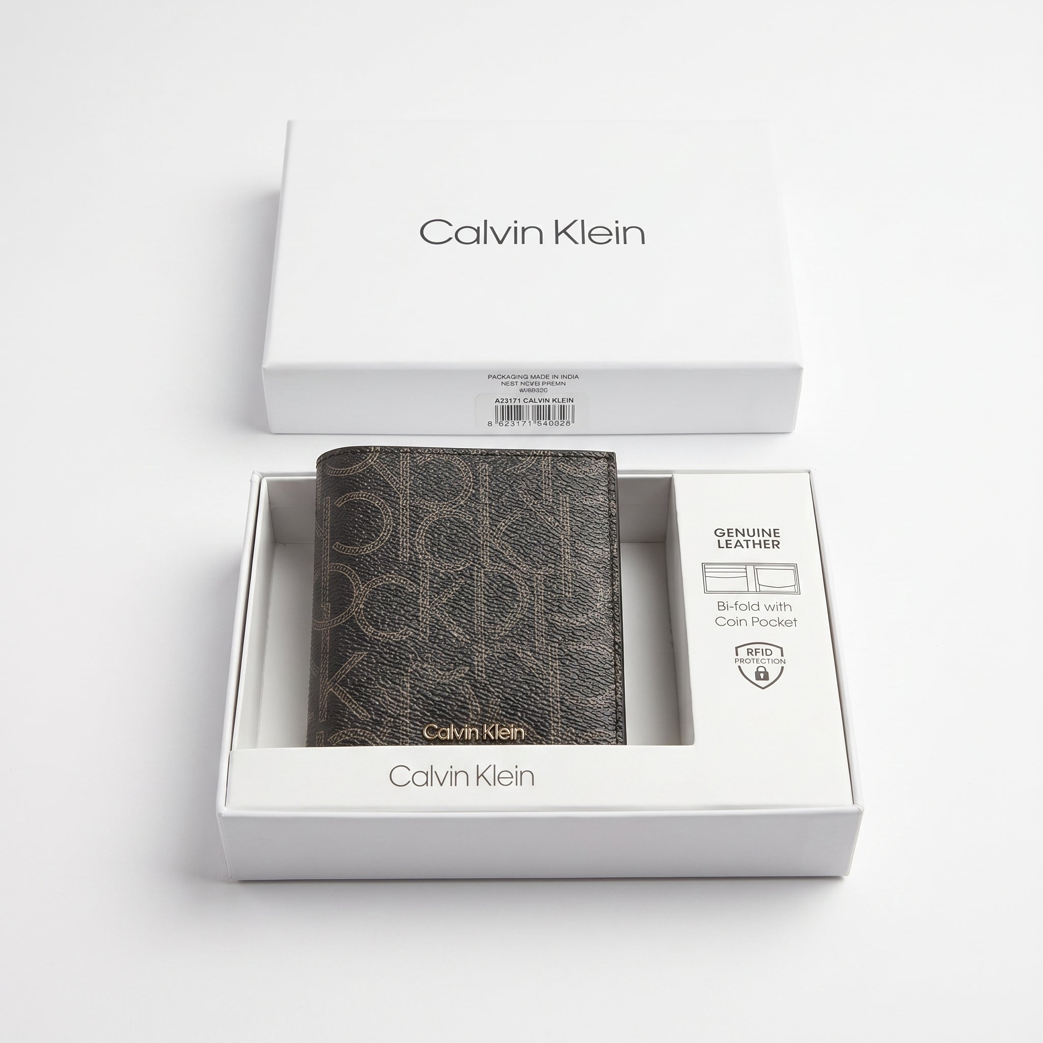 Top-down studio product photography of the Calvin Klein mirror original smooth black leather wallet neatly resting inside its open custom white branded gift box