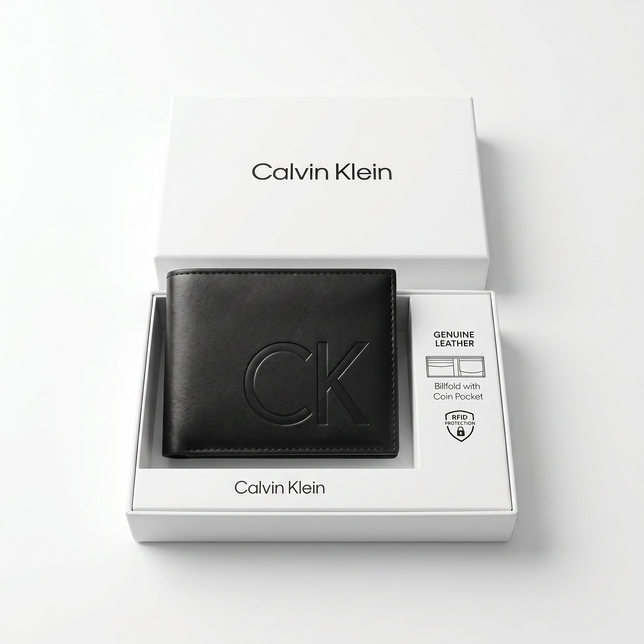 Top-down studio product photography of the Calvin Klein mirror original smooth black leather wallet neatly resting inside its open custom white branded gift box