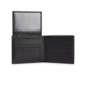 Live interior view of the opened Calvin Klein smooth black leather bifold wallet showcasing symmetrical multi-card slots and premium stitched edges