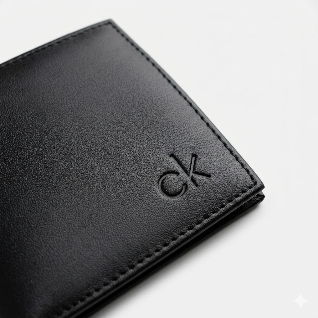 Macro close-up studio shot focusing on the small debossed ck logo accent over the black smooth genuine leather surface