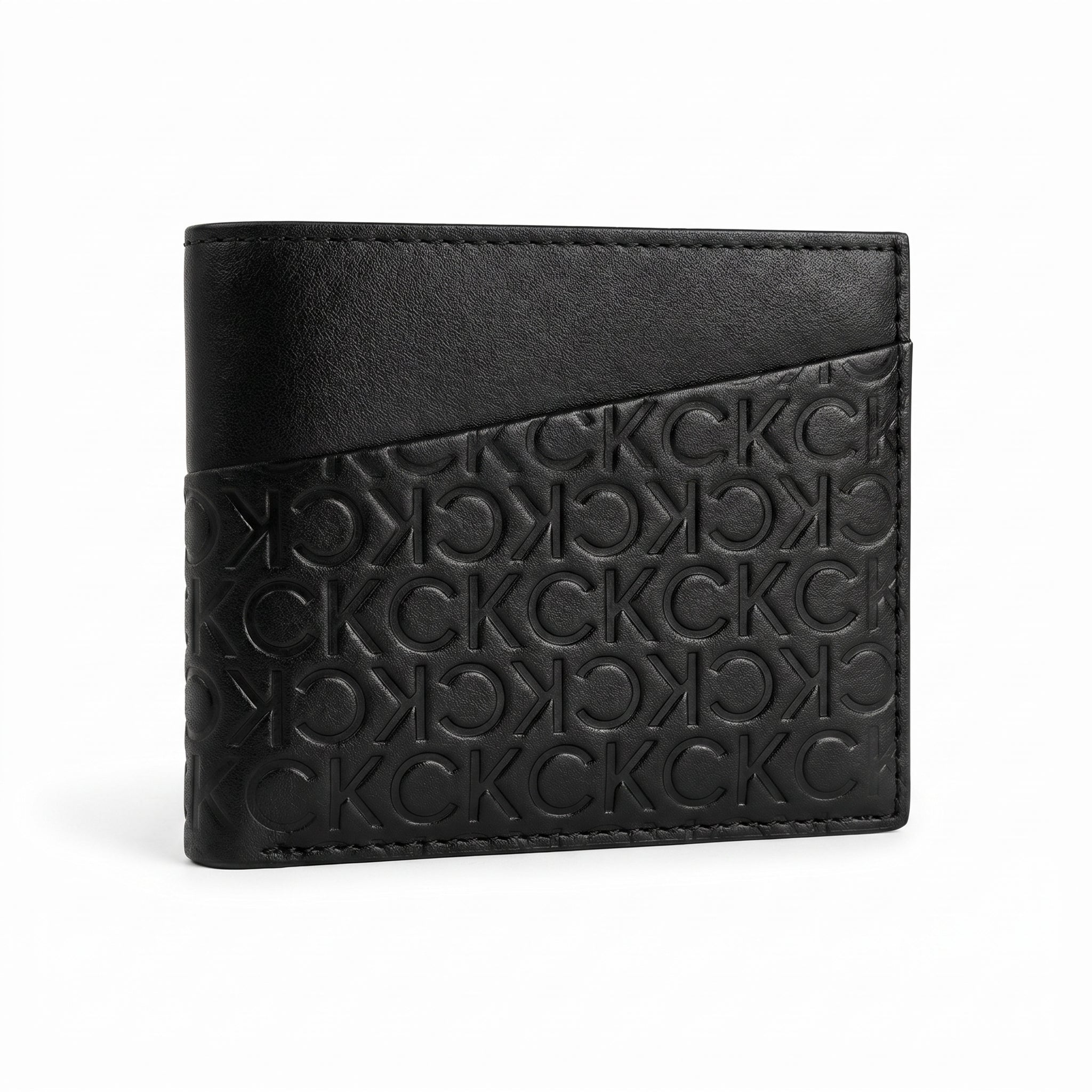 Straight front view of the Calvin Klein mirror original black leather bifold wallet back panel displaying high-quality smooth finish and clean stitching
