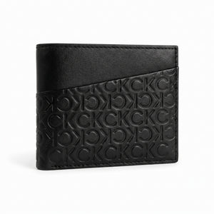 Straight front view of the Calvin Klein mirror original black leather bifold wallet back panel displaying high-quality smooth finish and clean stitching