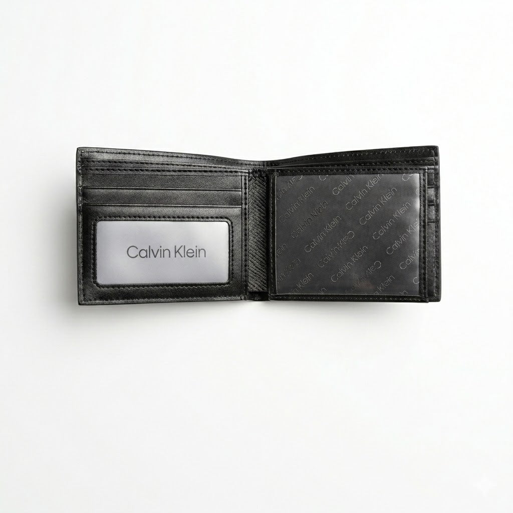 Interior layout view of the opened Calvin Klein mirror original leather bifold wallet showcasing multi-card slots and dual clear ID windows