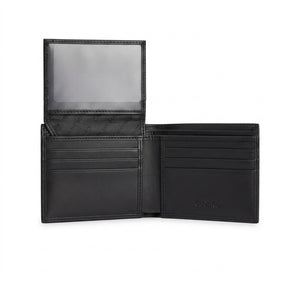 Internal layout view of the opened Calvin Klein mirror original leather bifold wallet showcasing symmetrical card slots and debossed Calvin Klein text branding