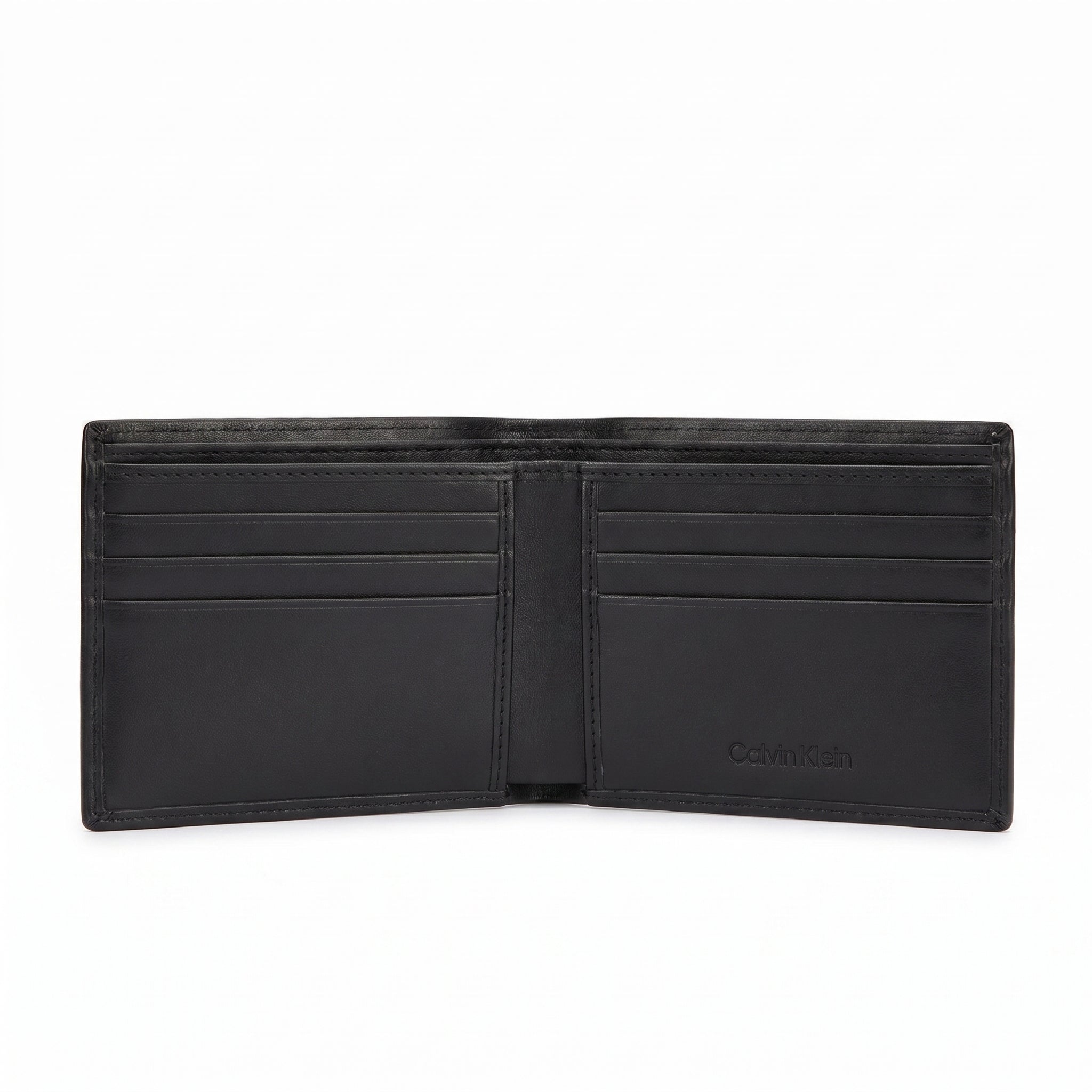 Internal layout view of the opened Calvin Klein mirror original leather bifold wallet showcasing symmetrical card slots and debossed Calvin Klein text branding