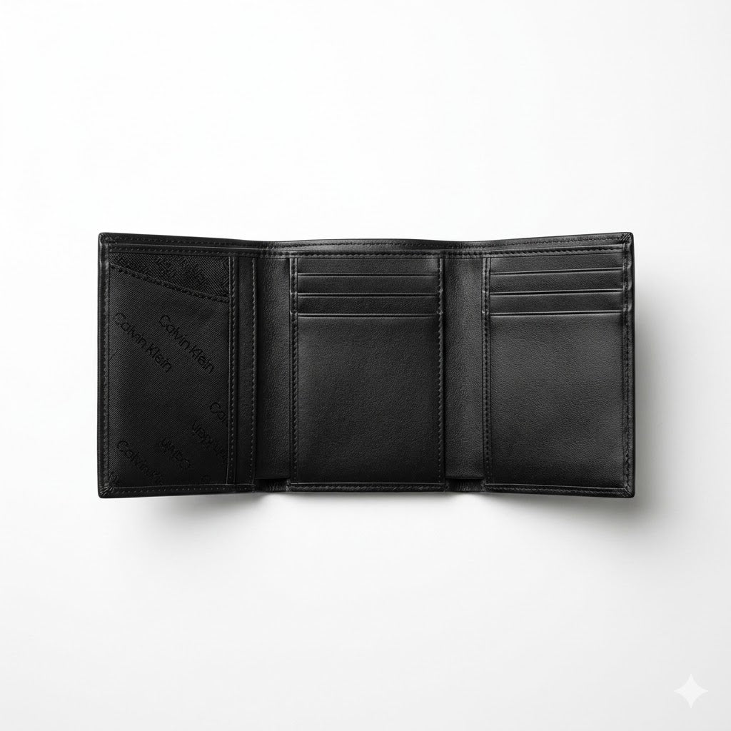 Internal layout view of the opened Calvin Klein mirror original leather bifold wallet showcasing symmetrical card slots and debossed Calvin Klein text branding