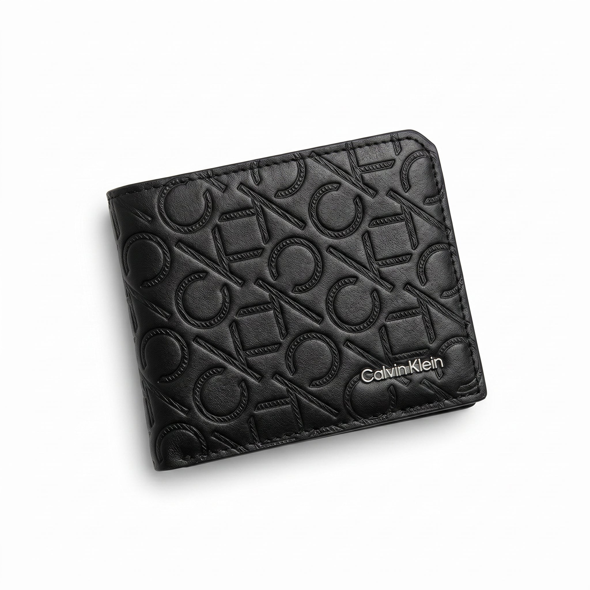Straight front view product photograph of the Calvin Klein mirror original smooth black leather bifold wallet showcasing the horizontal monogram strip and silver logo plate