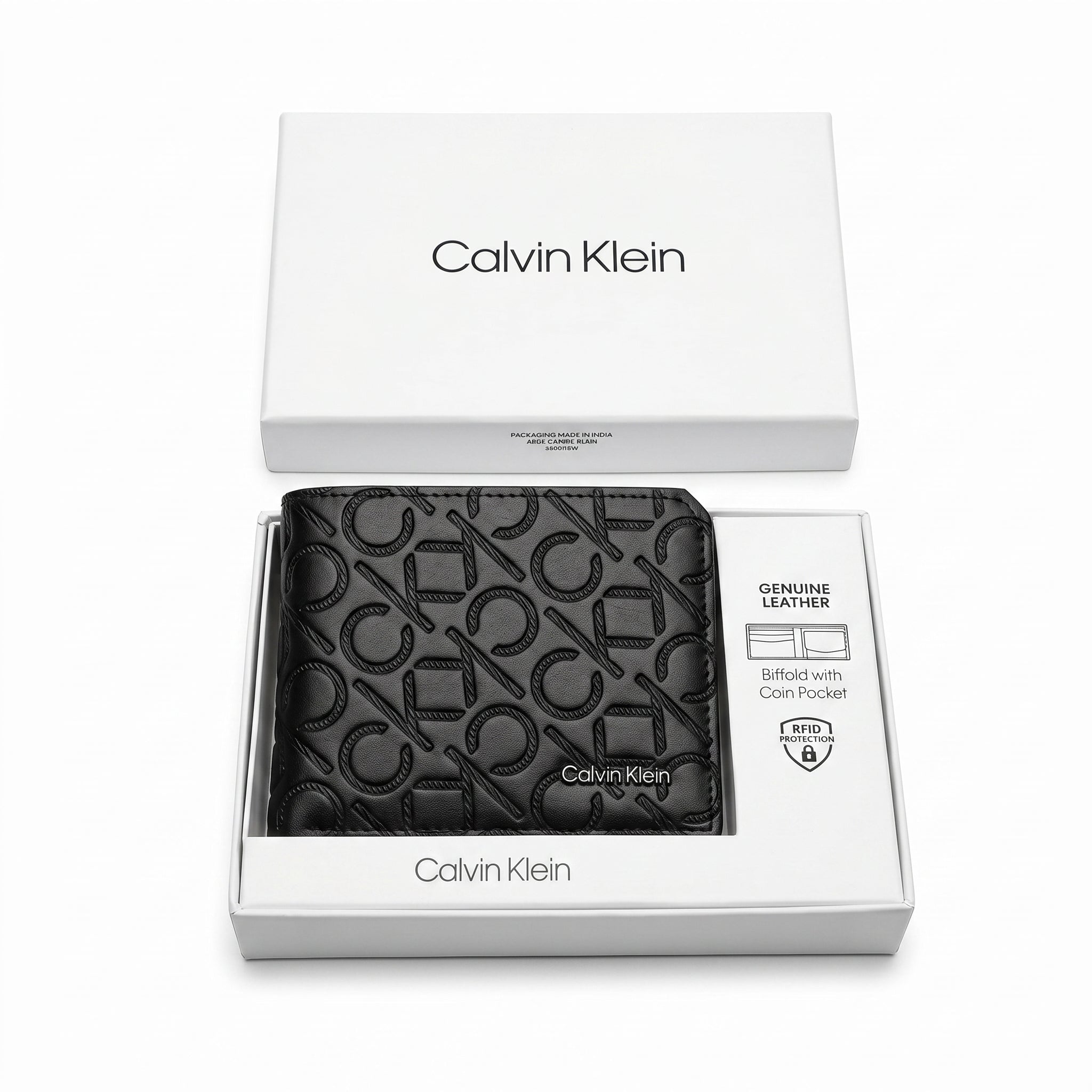 Top-down studio product photography of the Calvin Klein mirror original smooth black leather wallet and card case set neatly resting inside its open custom white branded gift box