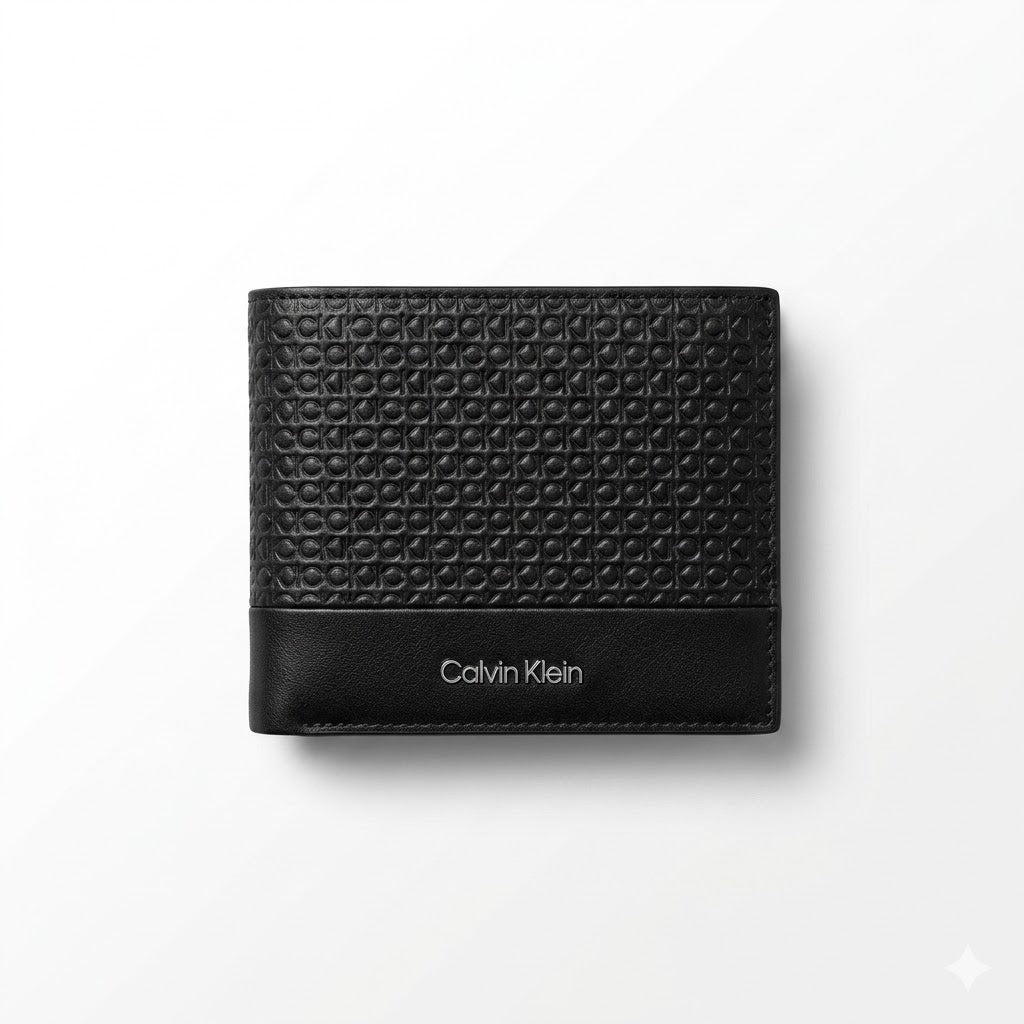 Straight front view product photograph of the Calvin Klein mirror original monogram black leather bifold wallet showcasing the silver text logo accent