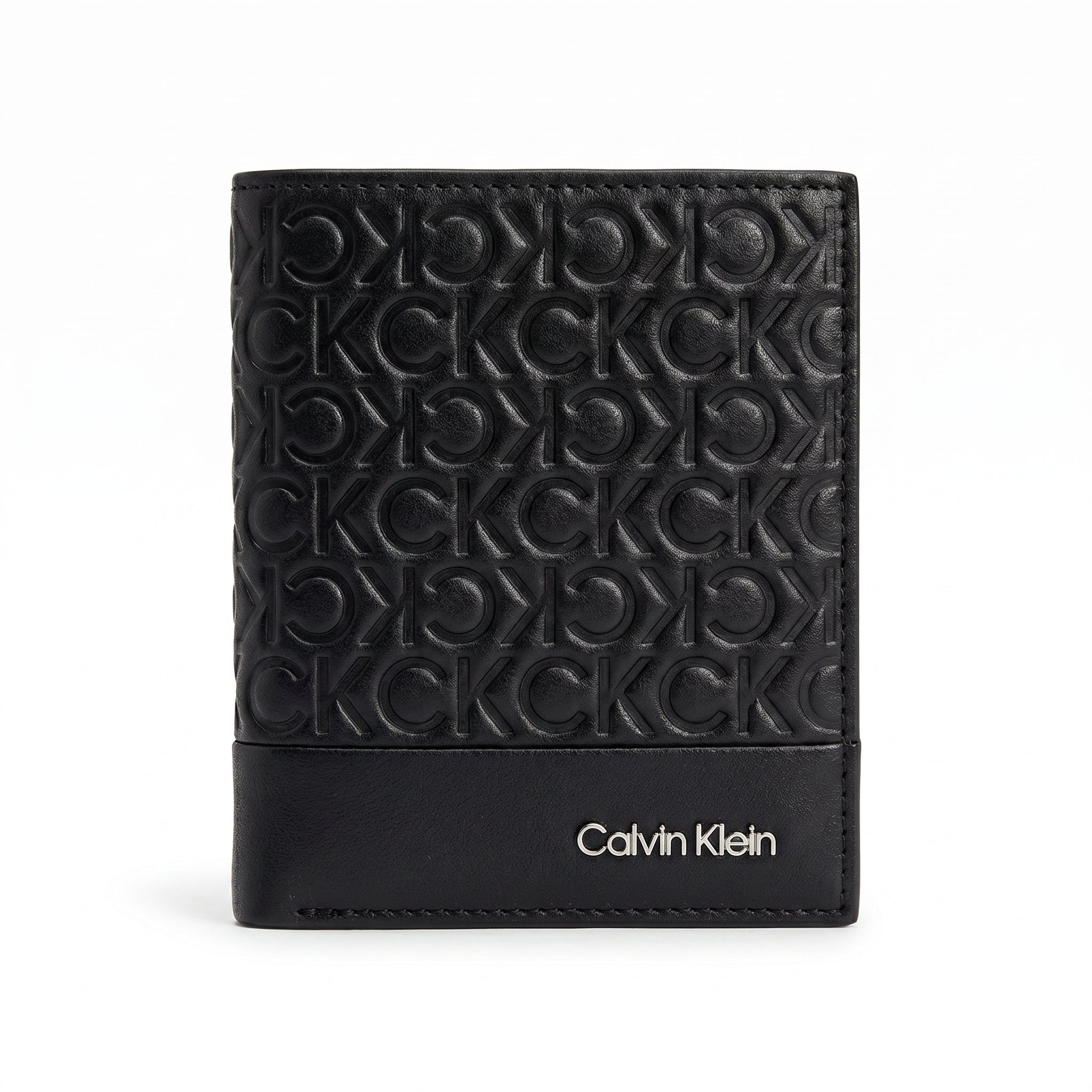 Straight front view product photograph of the Calvin Klein mirror original monogram black leather bifold wallet showcasing the silver text logo accent