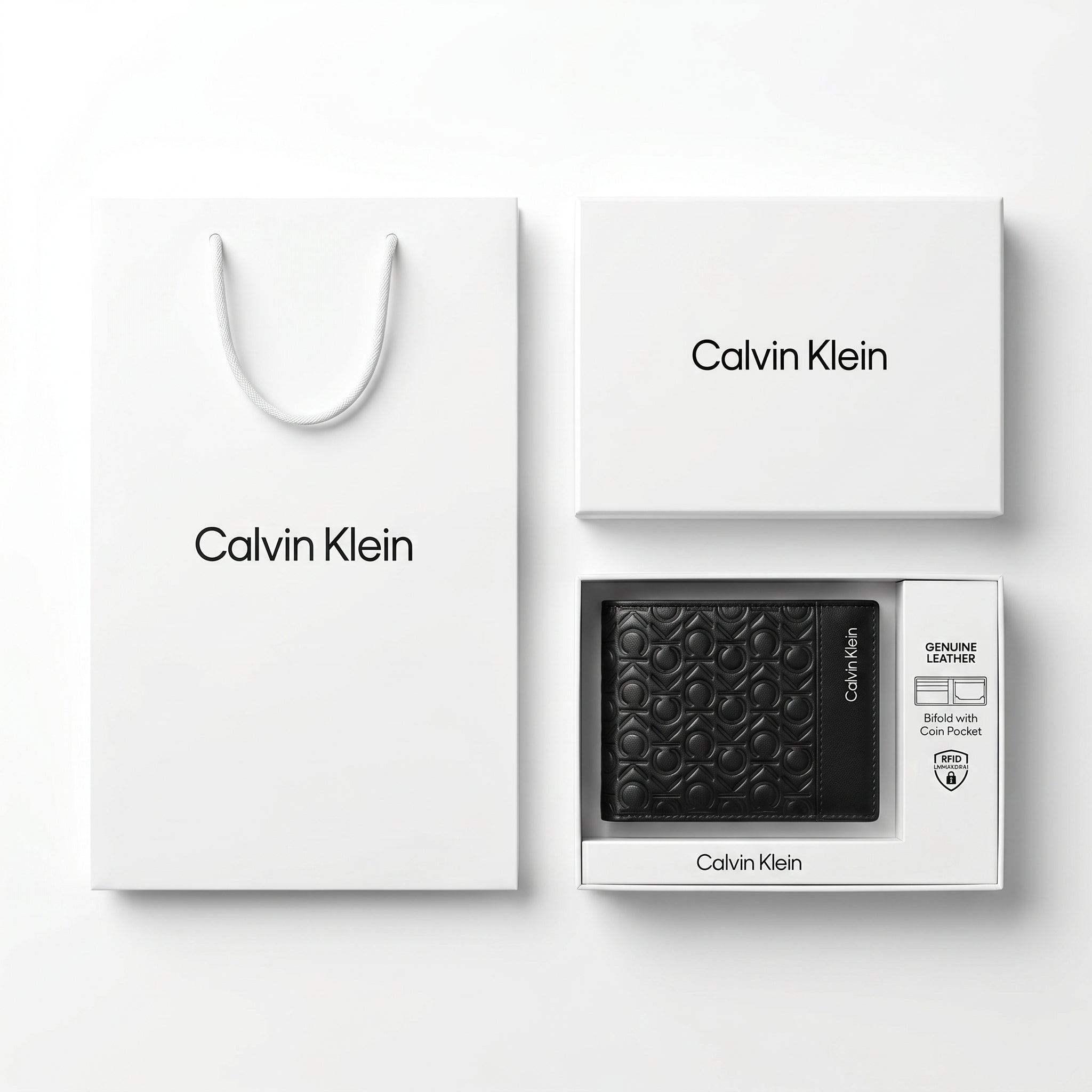 Full premium packaging presentation of the Calvin Klein mirror original monogram and smooth black leather bifold wallet with its white gift box and matching shopping bag