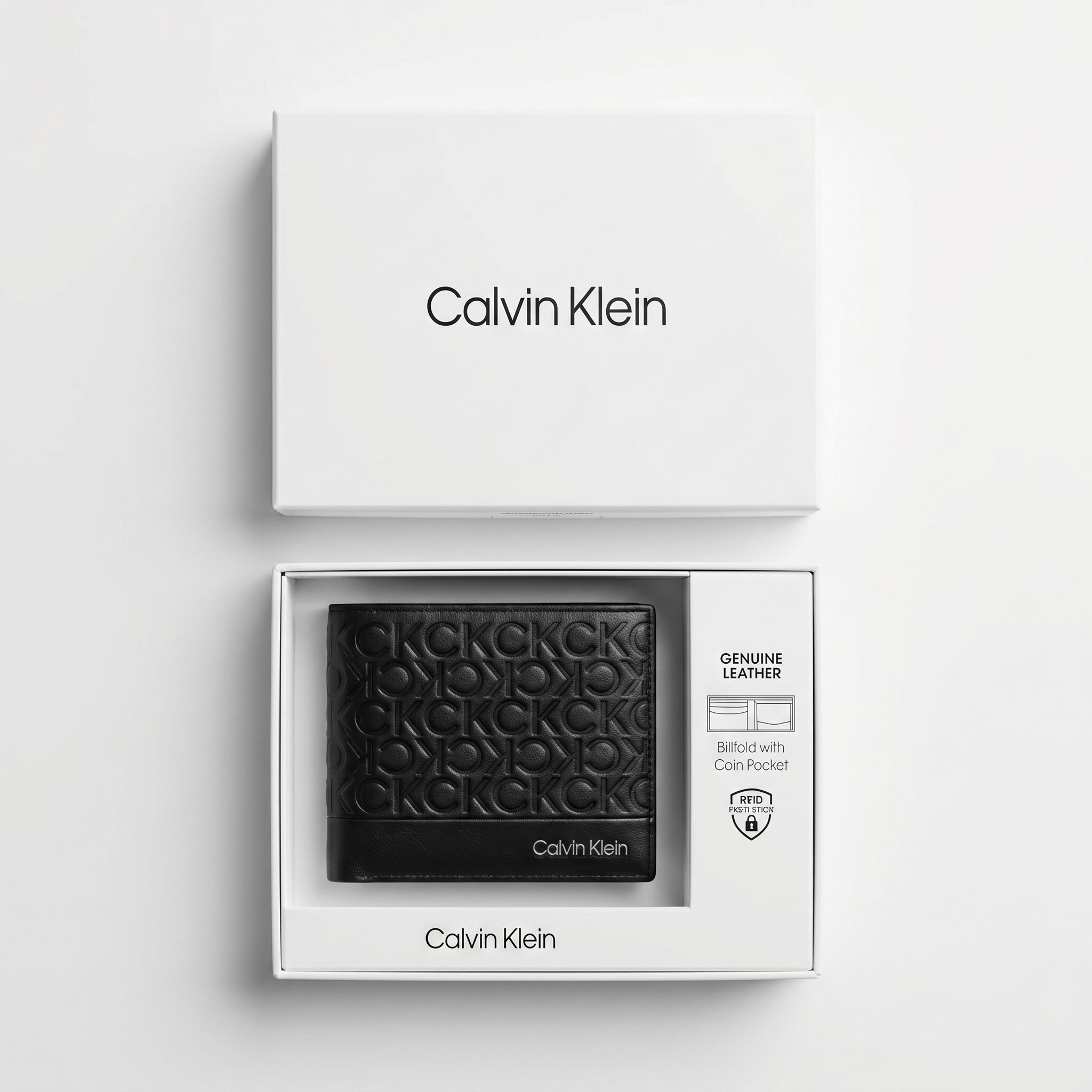 Top-down studio product photography of the Calvin Klein mirror original monogram black leather wallet neatly resting inside its open custom white branded gift box