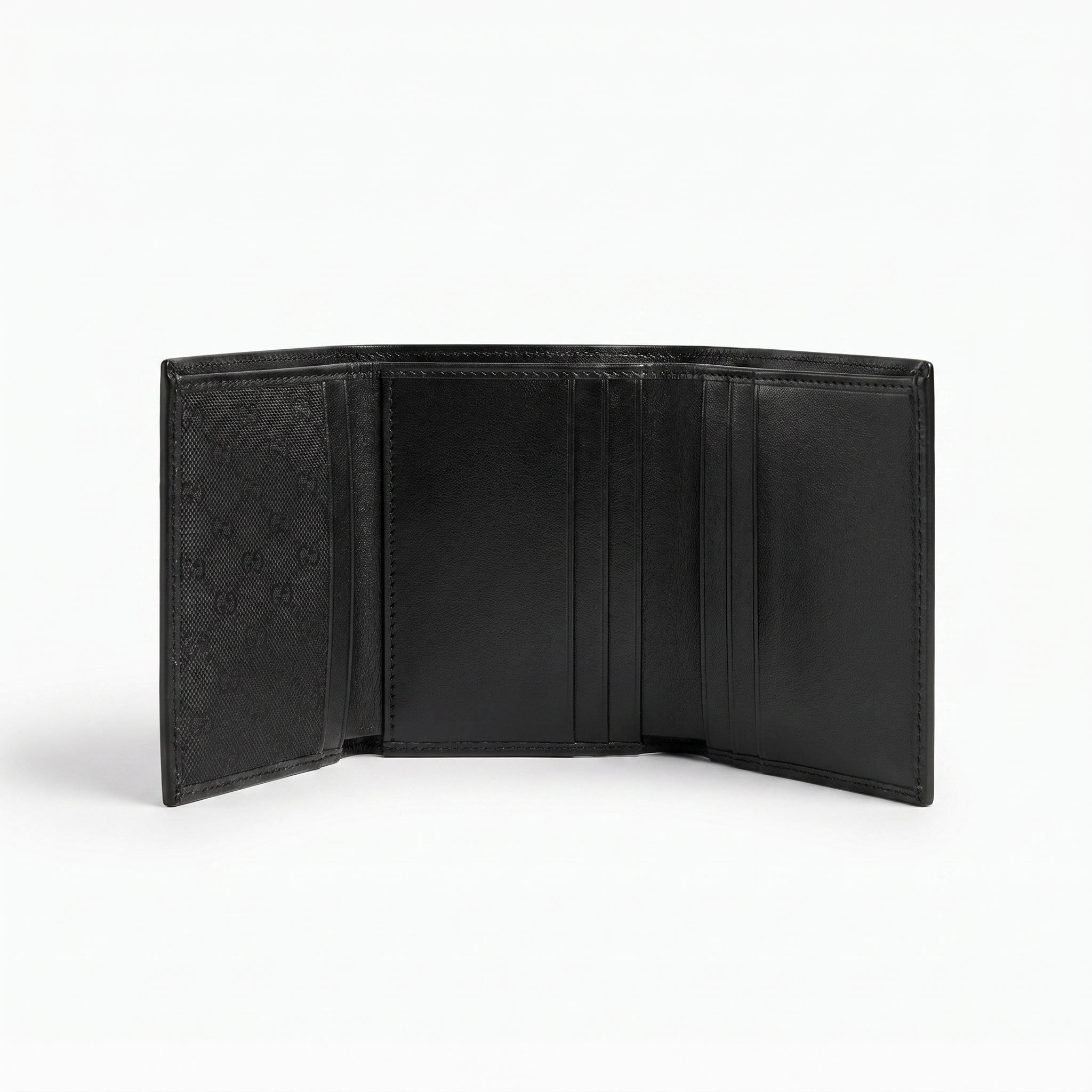 Internal layout view of the opened Calvin Klein mirror original leather bifold wallet showcasing symmetrical card slots and clean stitched edge finish