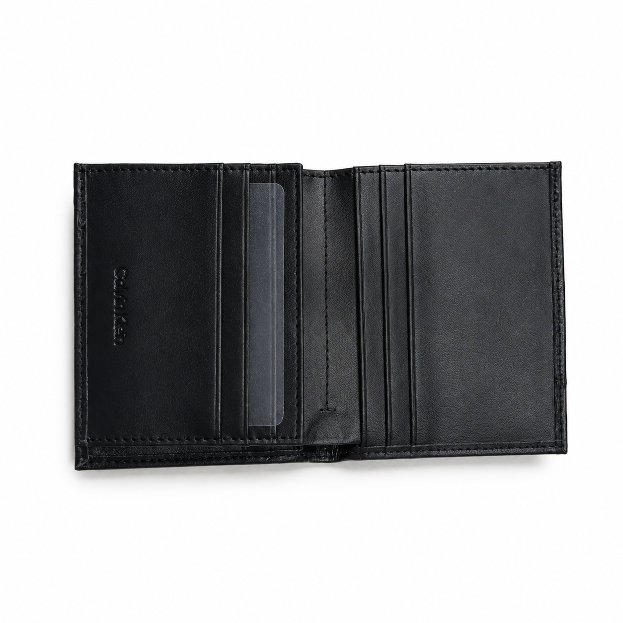 Black leather wallet open on a white background