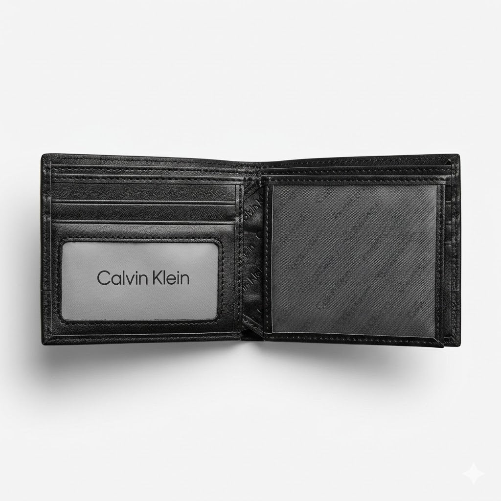 Interior layout view of the opened Calvin Klein mirror original leather bifold wallet showcasing multi-card slots and clear internal ID window slot