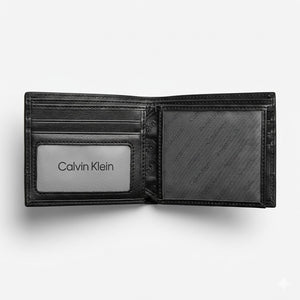 Interior layout view of the opened Calvin Klein mirror original leather bifold wallet showcasing multi-card slots and clear internal ID window slot