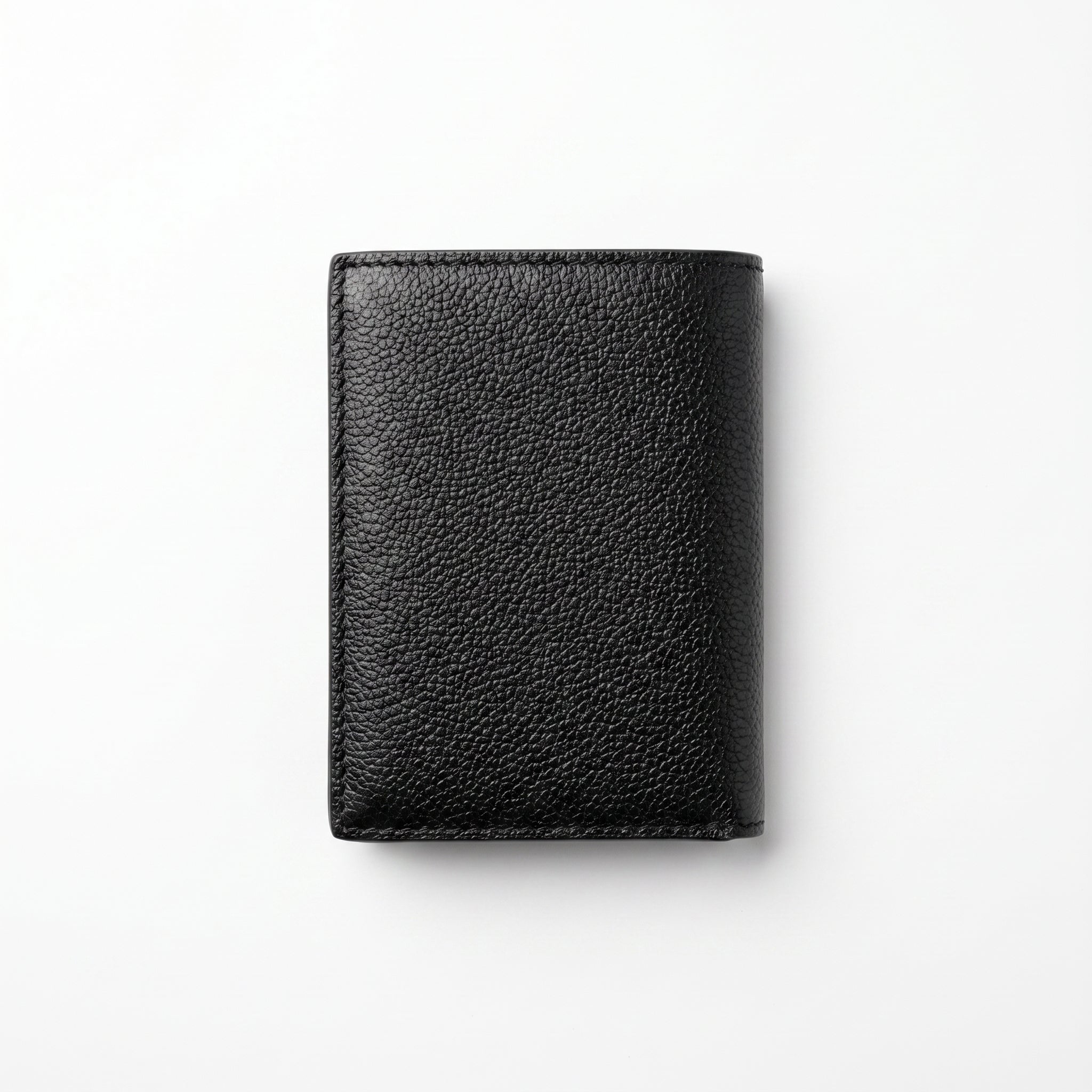 Straight back view product photography of the Calvin Klein mirror original pebbled black leather wallet showing a clean minimalist layout
