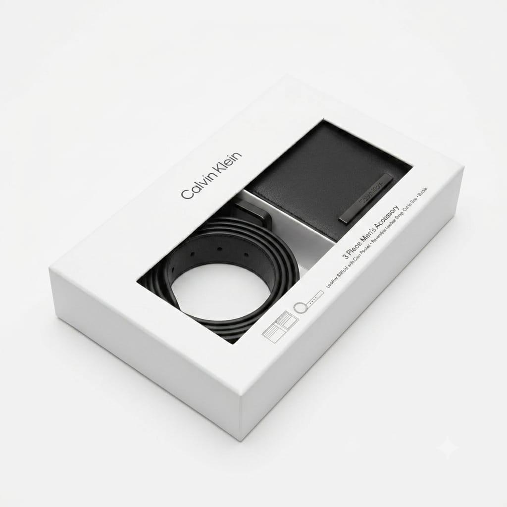 Live high-angle view of the Calvin Klein smooth leather reversible belt coiled neatly inside its custom white branded gift box tray