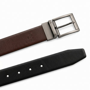 Detailed product presentation of the Calvin Klein mirror original reversible belt brown leather side showcasing the hot-stamped brand logo name and size 40