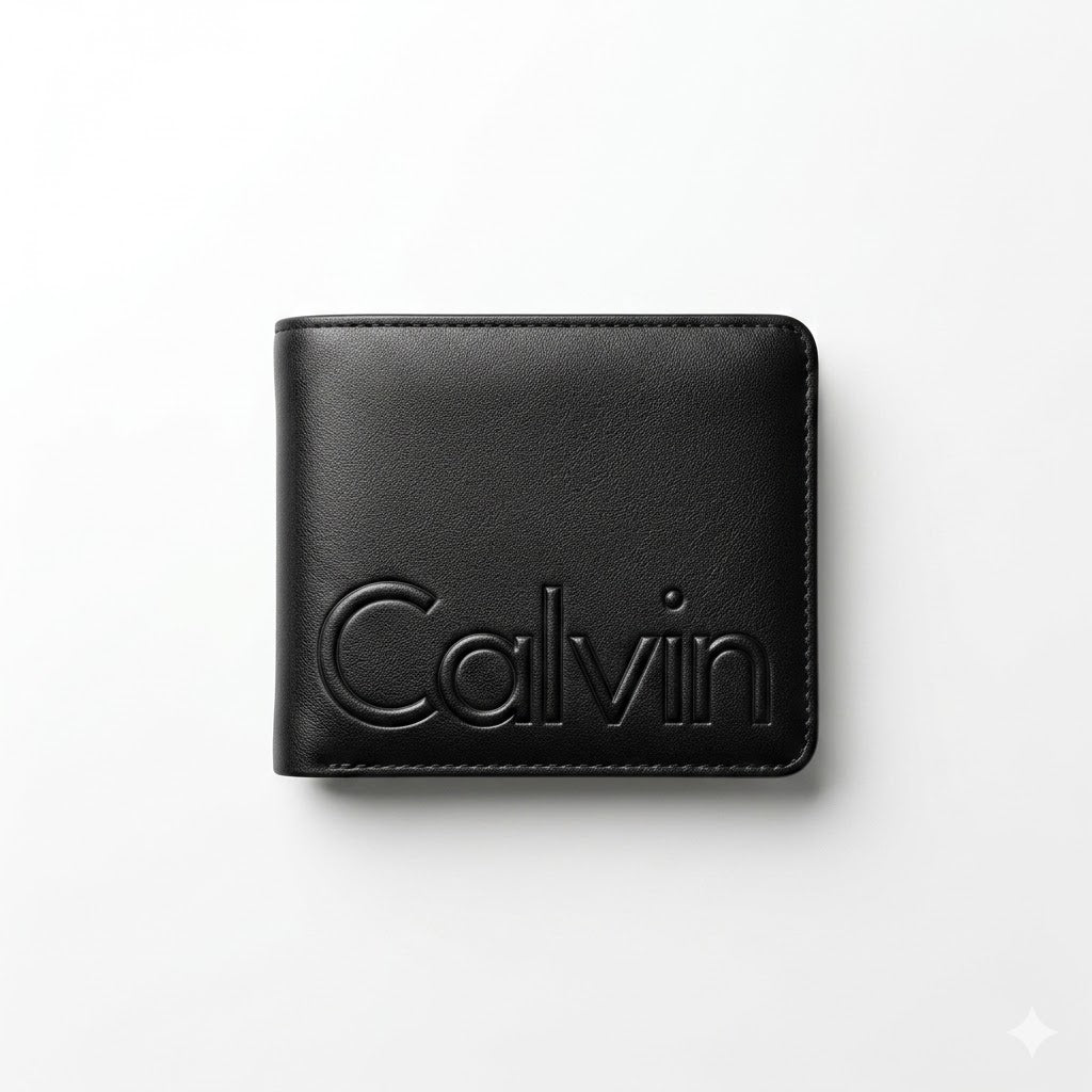 Clean studio product presentation of the Calvin Klein mirror original smooth black leather bifold wallet front panel centered on white background