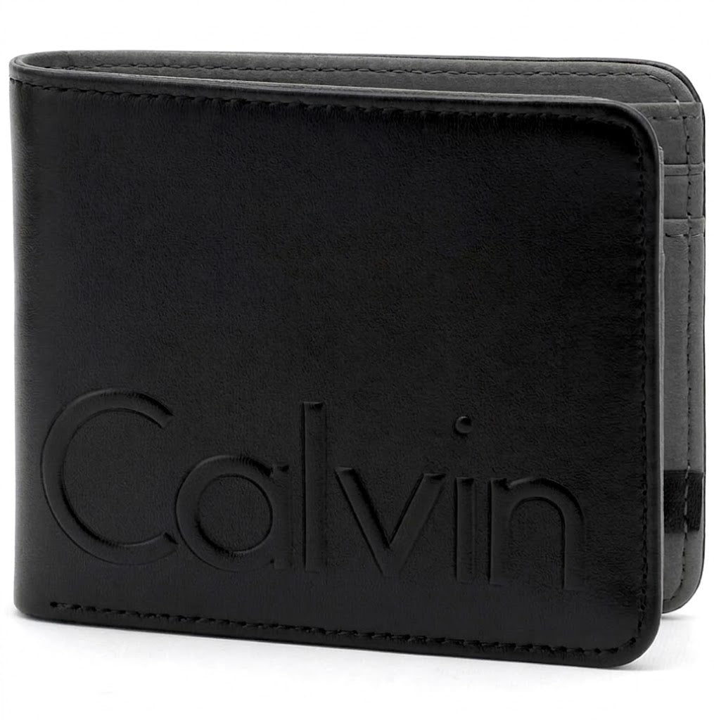 Straight front view product photograph of the Calvin Klein mirror original smooth black leather bifold wallet showcasing the large debossed Calvin text logo