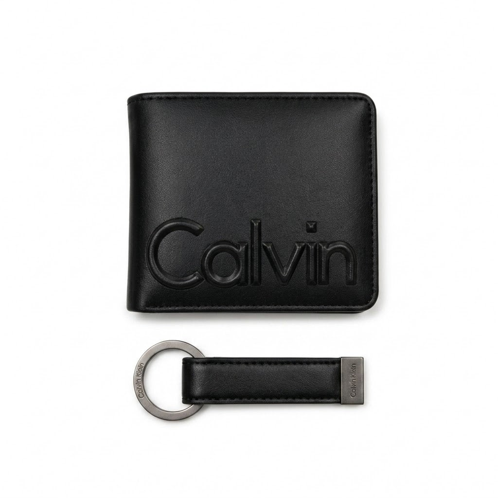 Professional angled studio photograph of the Calvin Klein mirror original smooth black leather wallet front panel showing the debossed Calvin text logo