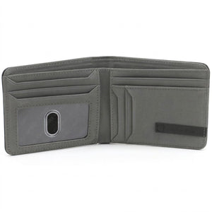 Internal layout view of the opened Calvin Klein mirror original leather bifold wallet showcasing the contrasting grey leather interior style, card slots, and clear ID window