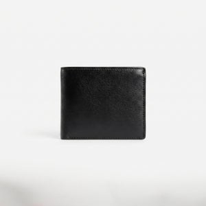 Straight back view product photography of the Calvin Klein mirror original textured black leather wallet showing a minimalist clean stitched layout
