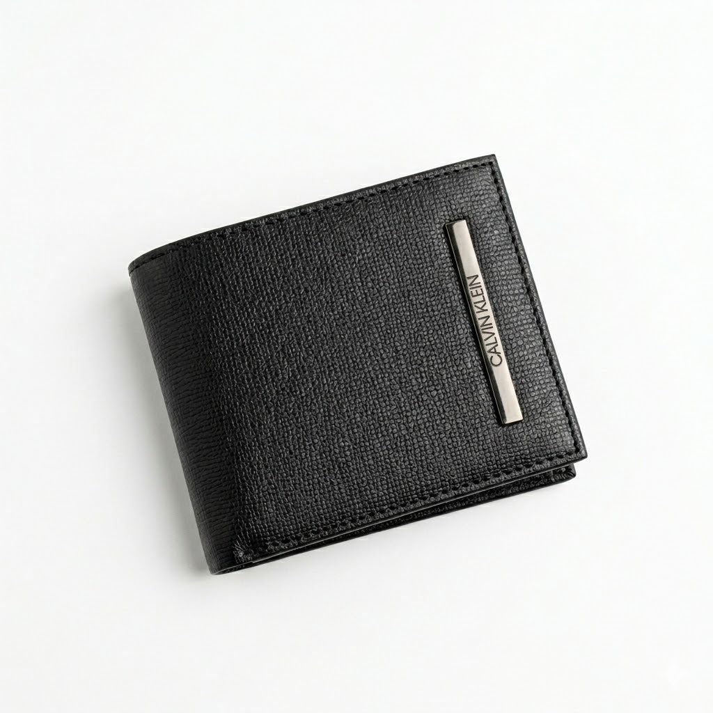 Professional angled studio photograph of the sleek Calvin Klein mirror original black textured leather bifold wallet standing on a clean background