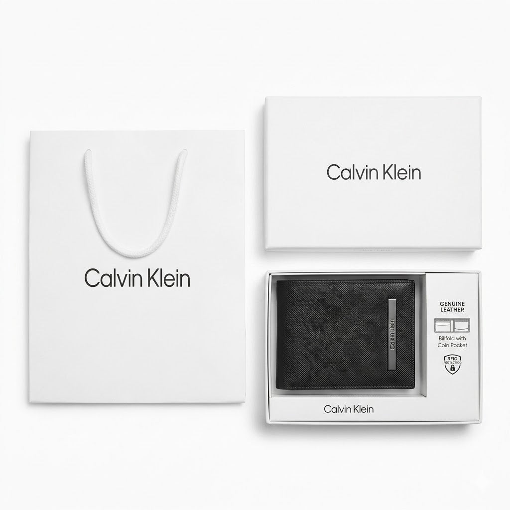 Full luxury presentation of the Calvin Klein mirror original black textured leather bifold wallet with its branded white gift box and matching shopping bag